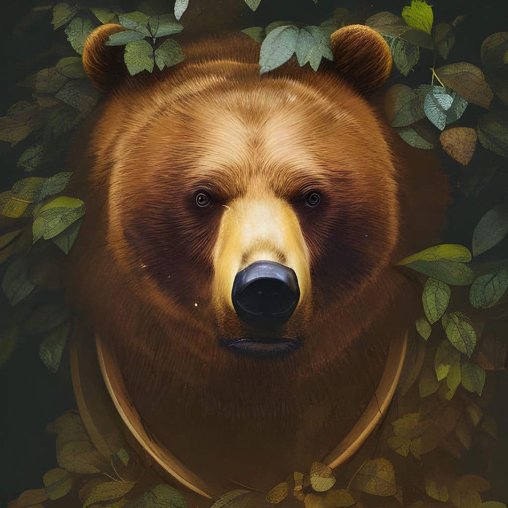 Detailed Bear Portrait with Wooden Frame, Digital Art
