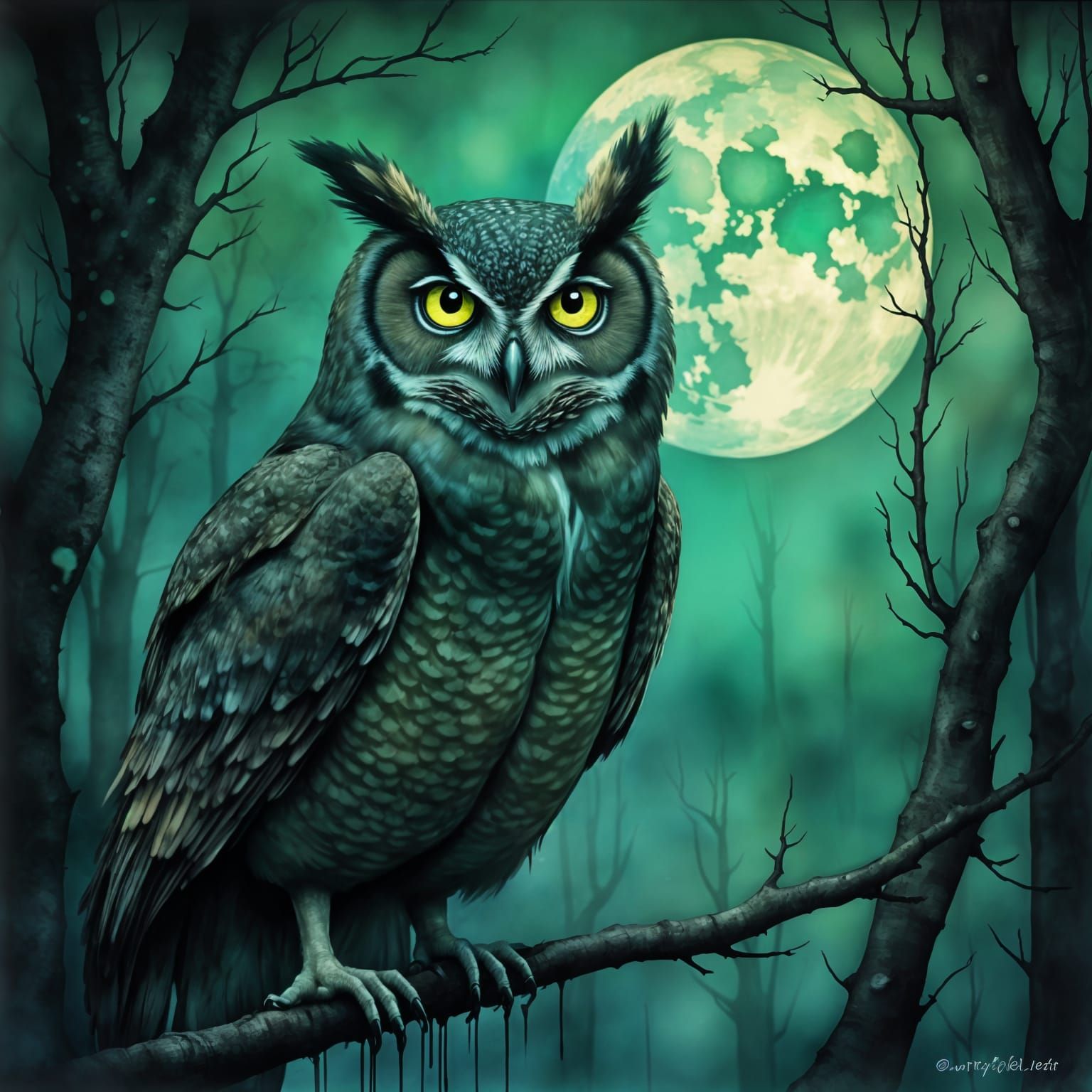 Wise Owl in Misty Forest: Oil Painting