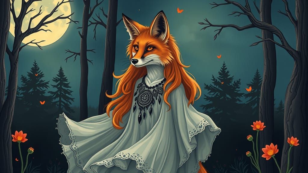 Bohemian Fox in Gothic Jewelry, Moonlit Forest
