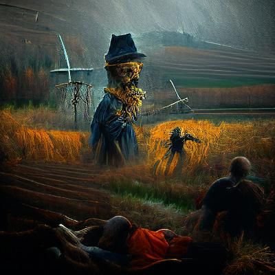 Demonic Scarecrow with Scythe in Wheat Field