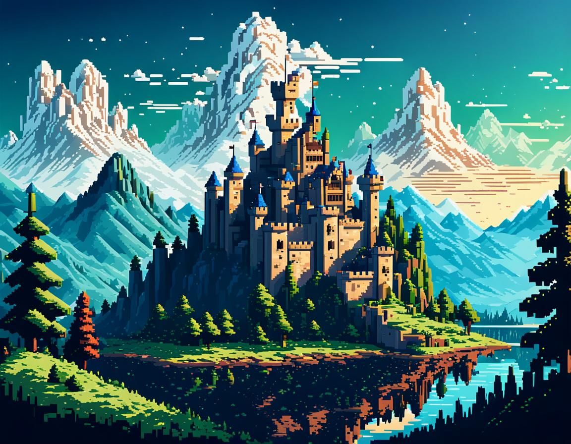 created in a Pixel art style, A pixelated landscape with mou...