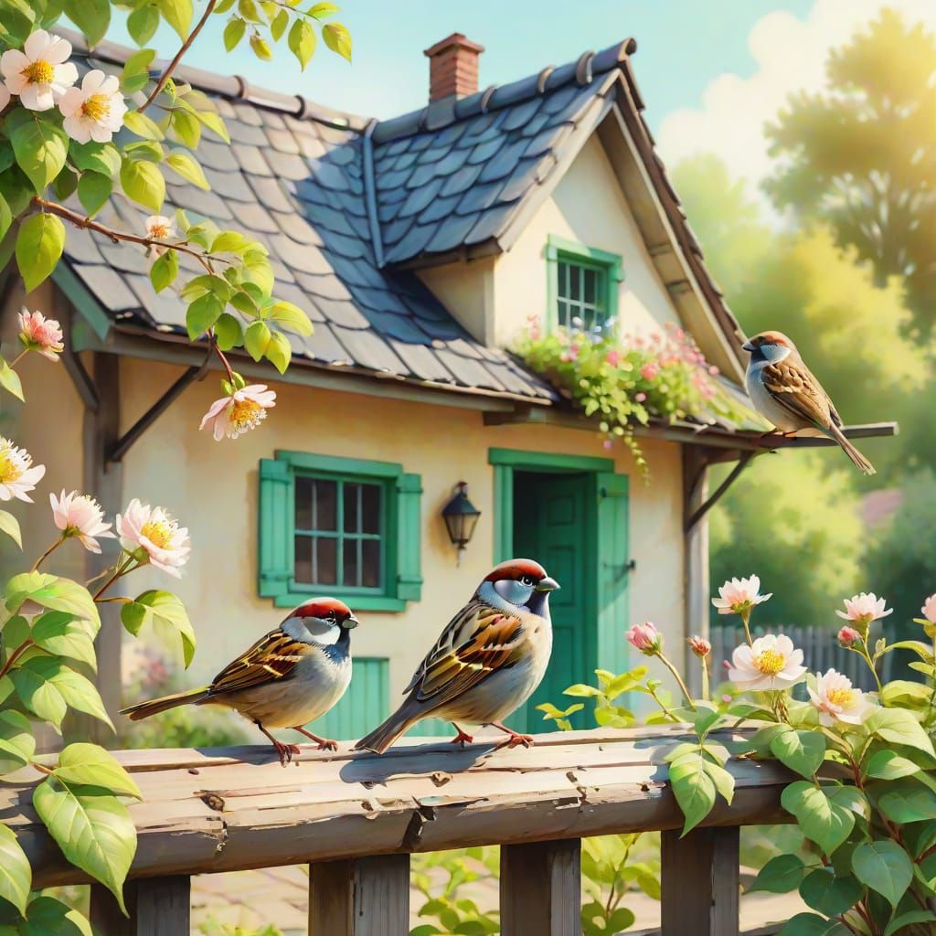 Cozy Cottage Scene with Sparrow Branch in Watercolor