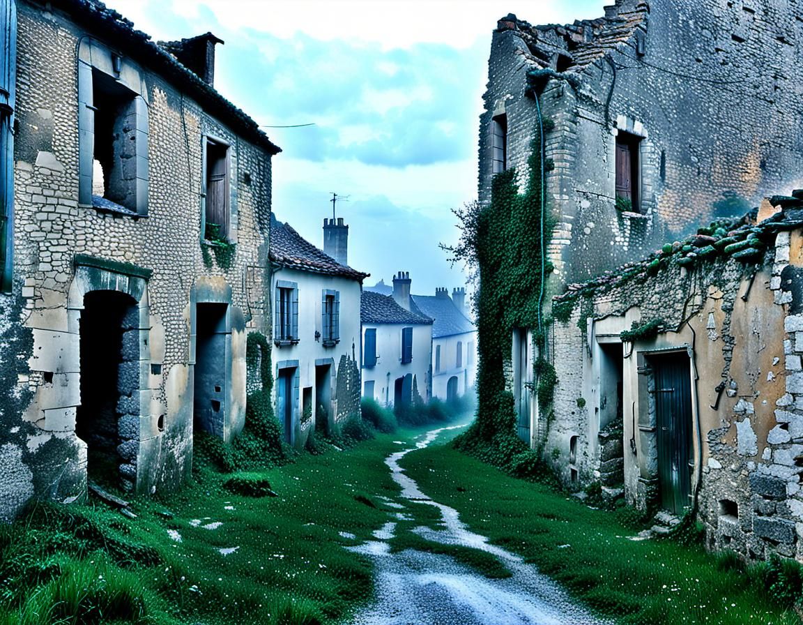 Ruined Village Street in 1355 on Stormy Night
