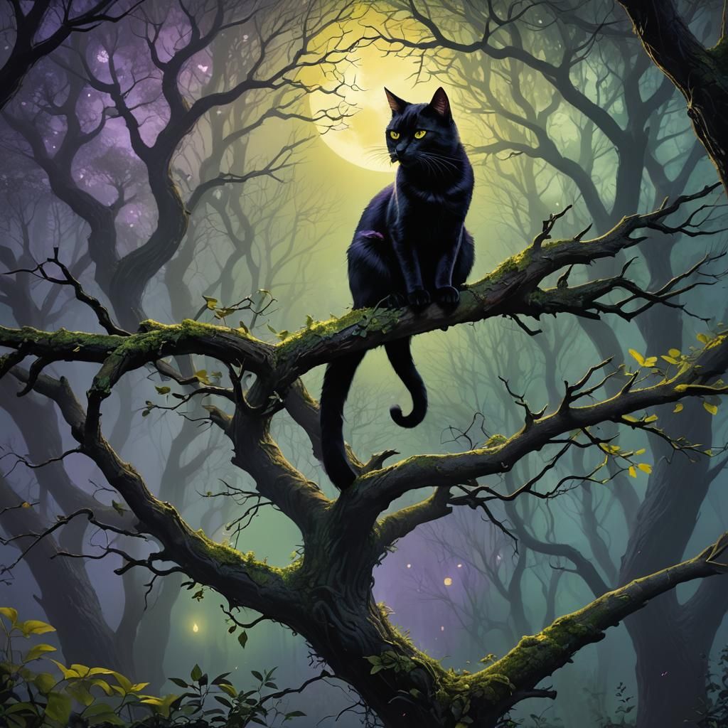 Mystical Black Cat in Dark Fantasy Forest
