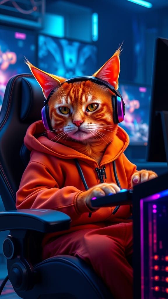 Hyper-Realistic Orange Cat in Futuristic Gaming Setup