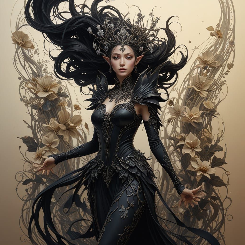 Elegant Elf Princess in Expansive Floral Wonderland