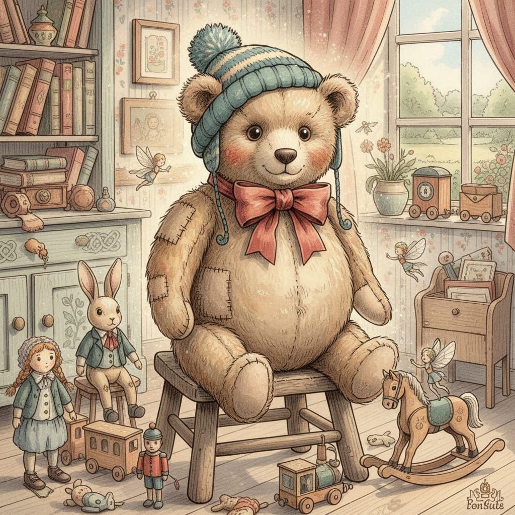 Teddy Bear with Red Bow Tie in Whimsical Vintage Style