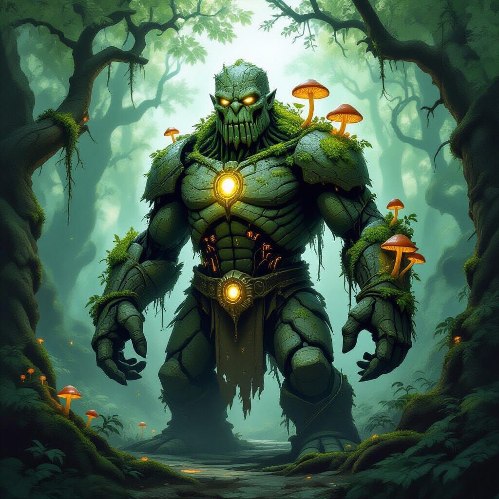 Mossy Stone Golem Guarding Enchanted Forest