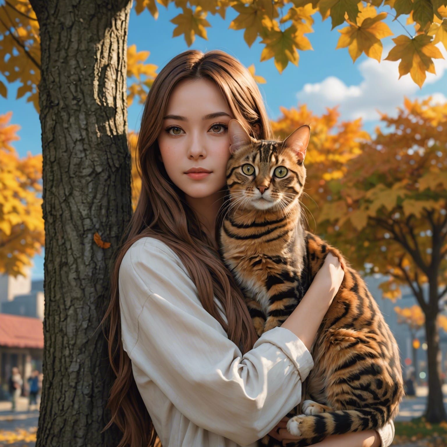 Woman with Bengal Cat in Anime Style