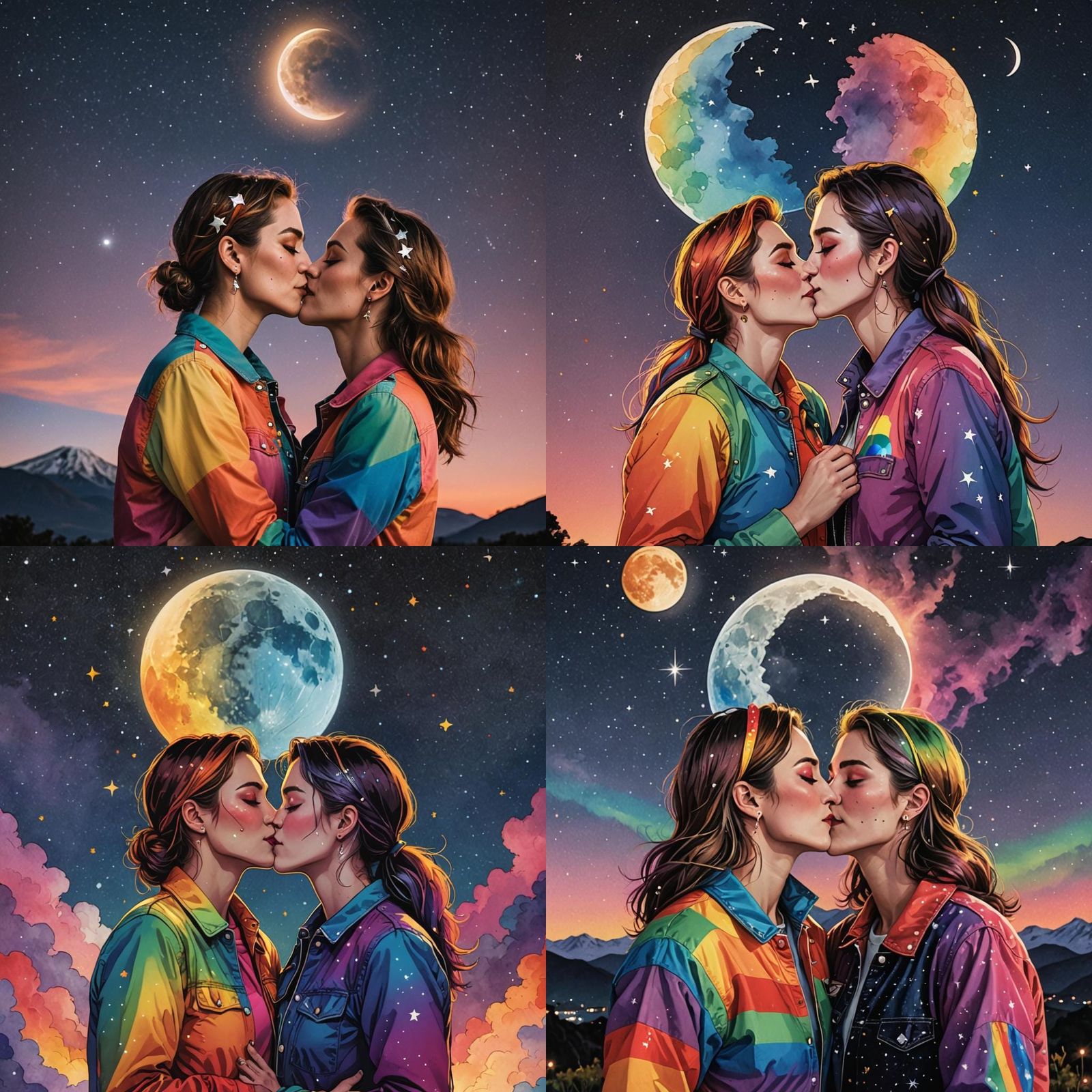 Lesbian Women Kissing Under Starry Moonlit Sky