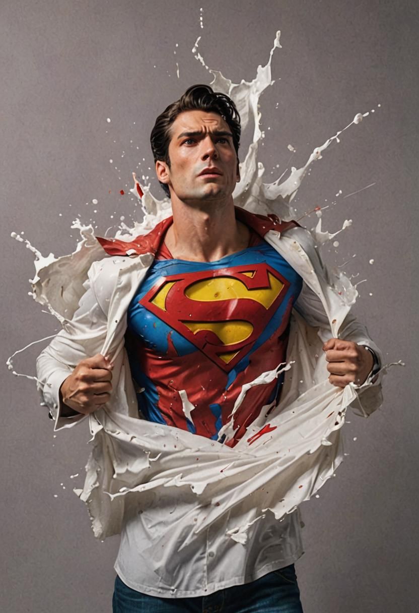 Clak Kent rips open his dress shirt to reveal his Superman Logo.