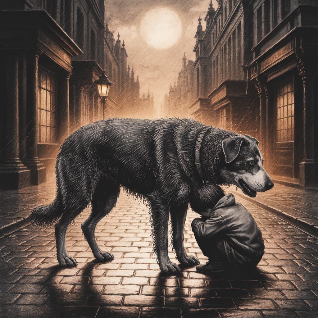 Victorian London Street Child Protected by Mongrel Dog