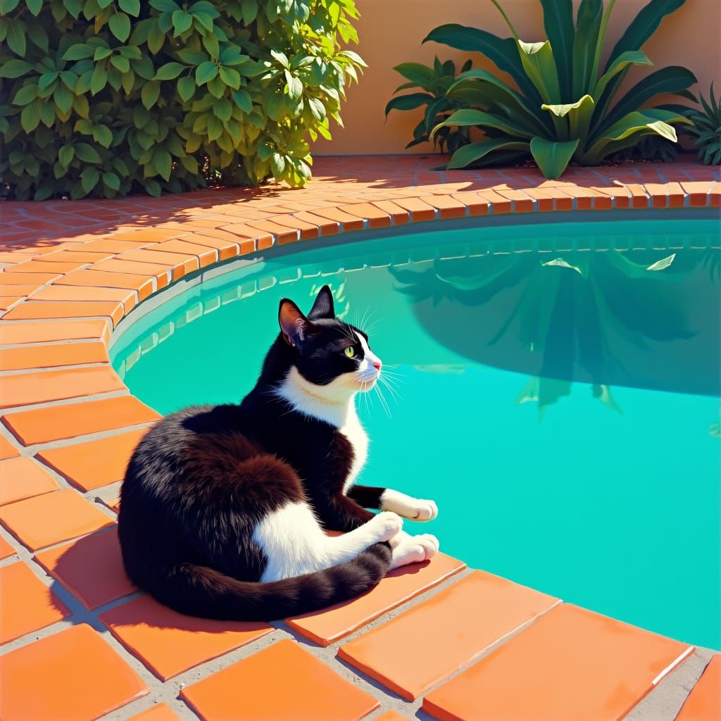 Tuxedo Cat Lounging Poolside in Hockney Style
