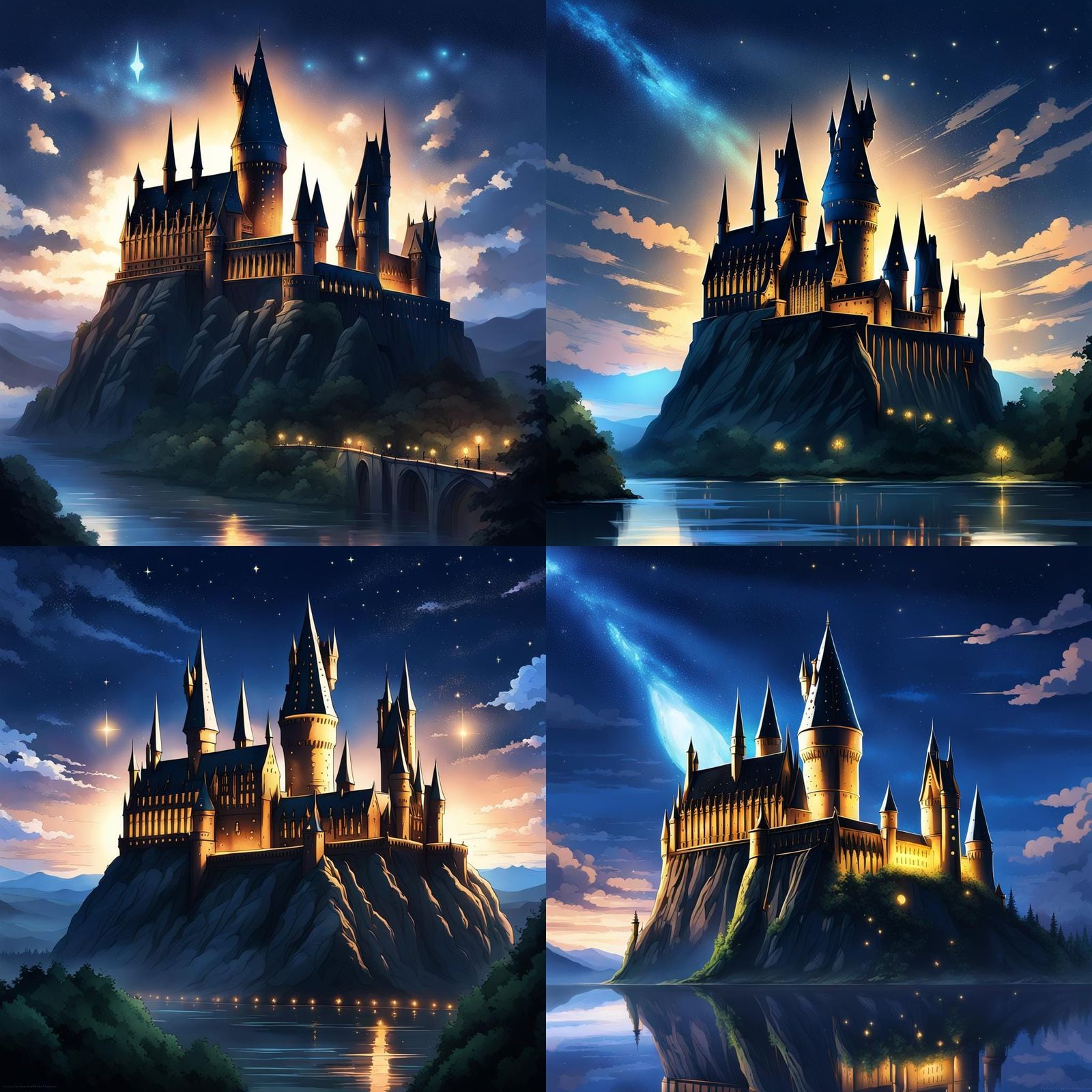 Hogwarts Castle at Night in Anime Style