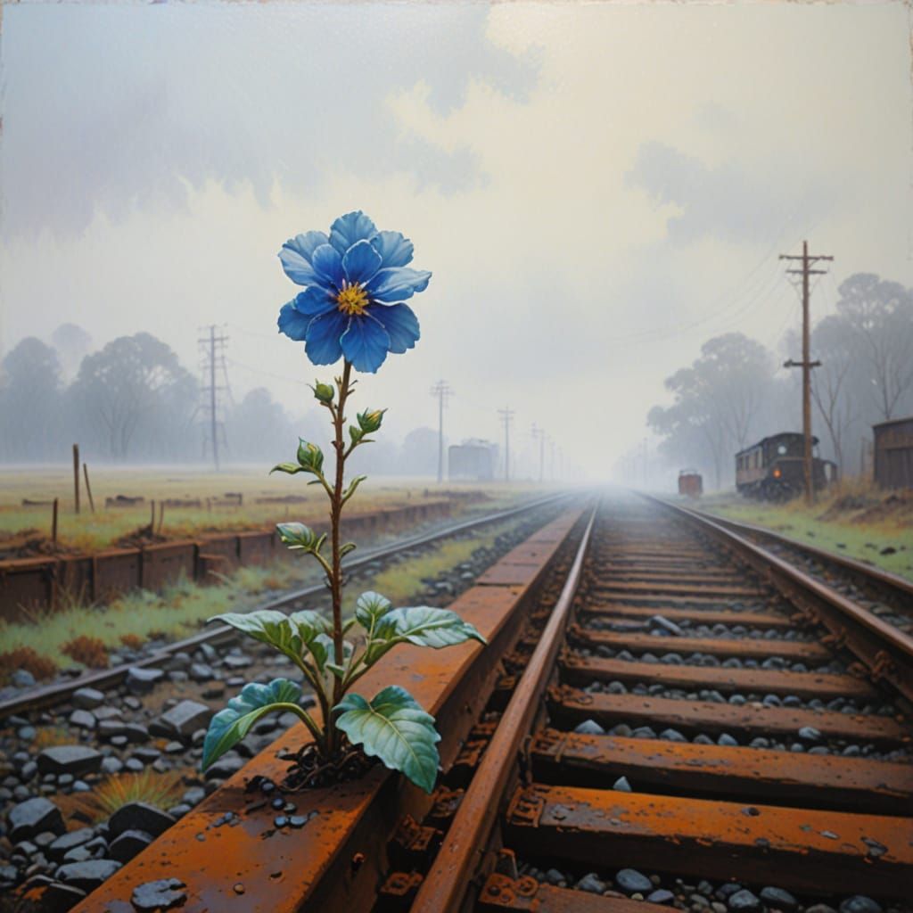 Blue Flower Sprouts on Rusty Train Track, Oil Painting