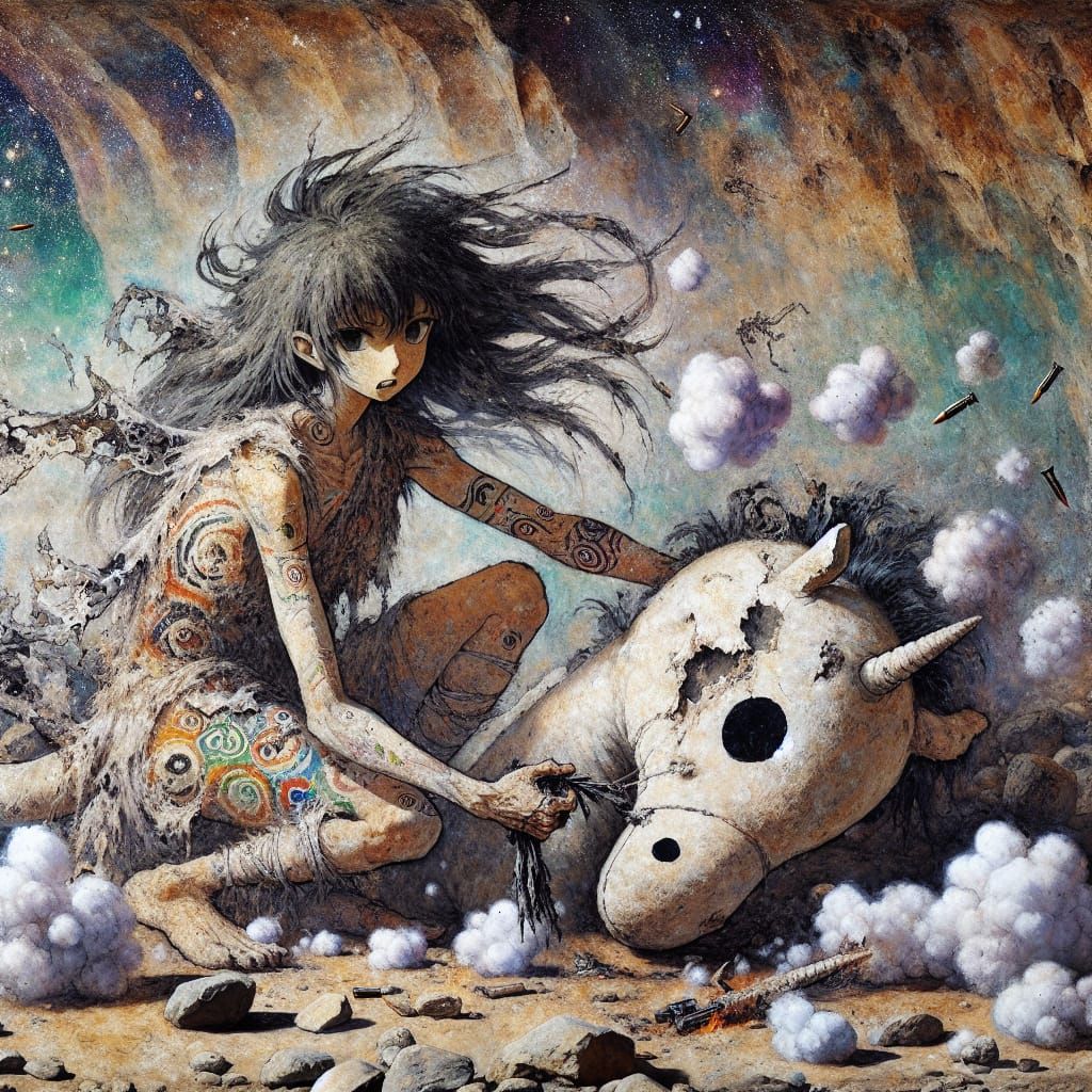 Anime Dragon Woman with Unicorn Cave Painting