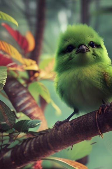 Adorable Chibi Green Bird in Forest, Digital Art