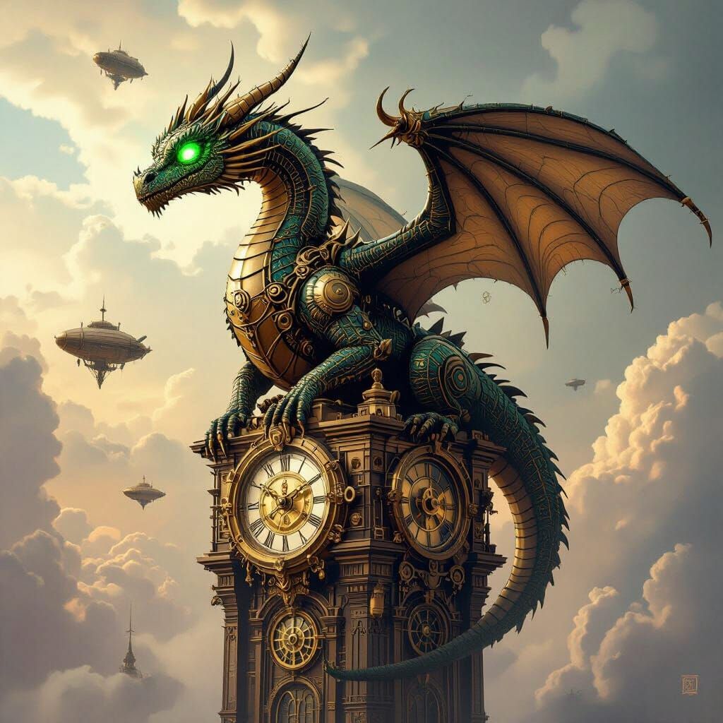Steampunk Dragon on Clockwork Tower in Sepia Clouds