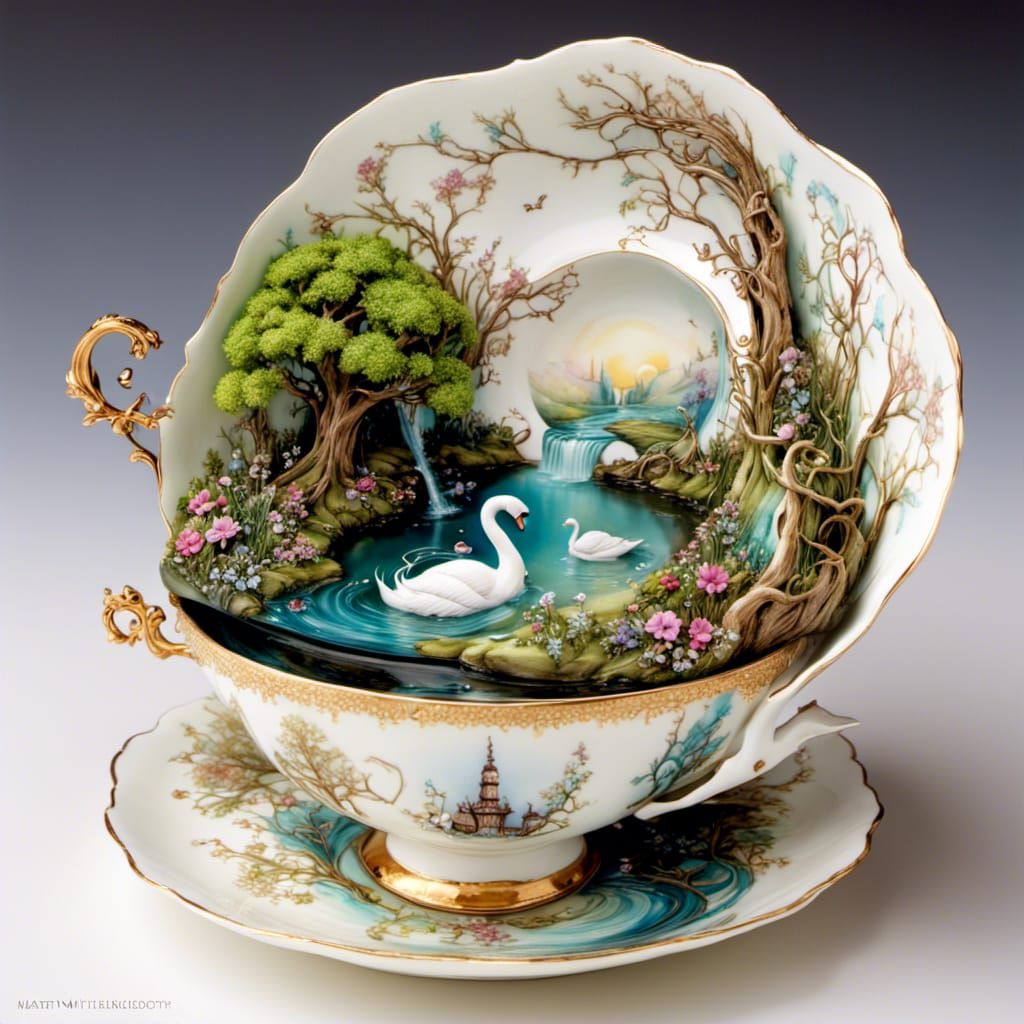 Fantastical Garden Inside Ornate Teacup with Swan Lake