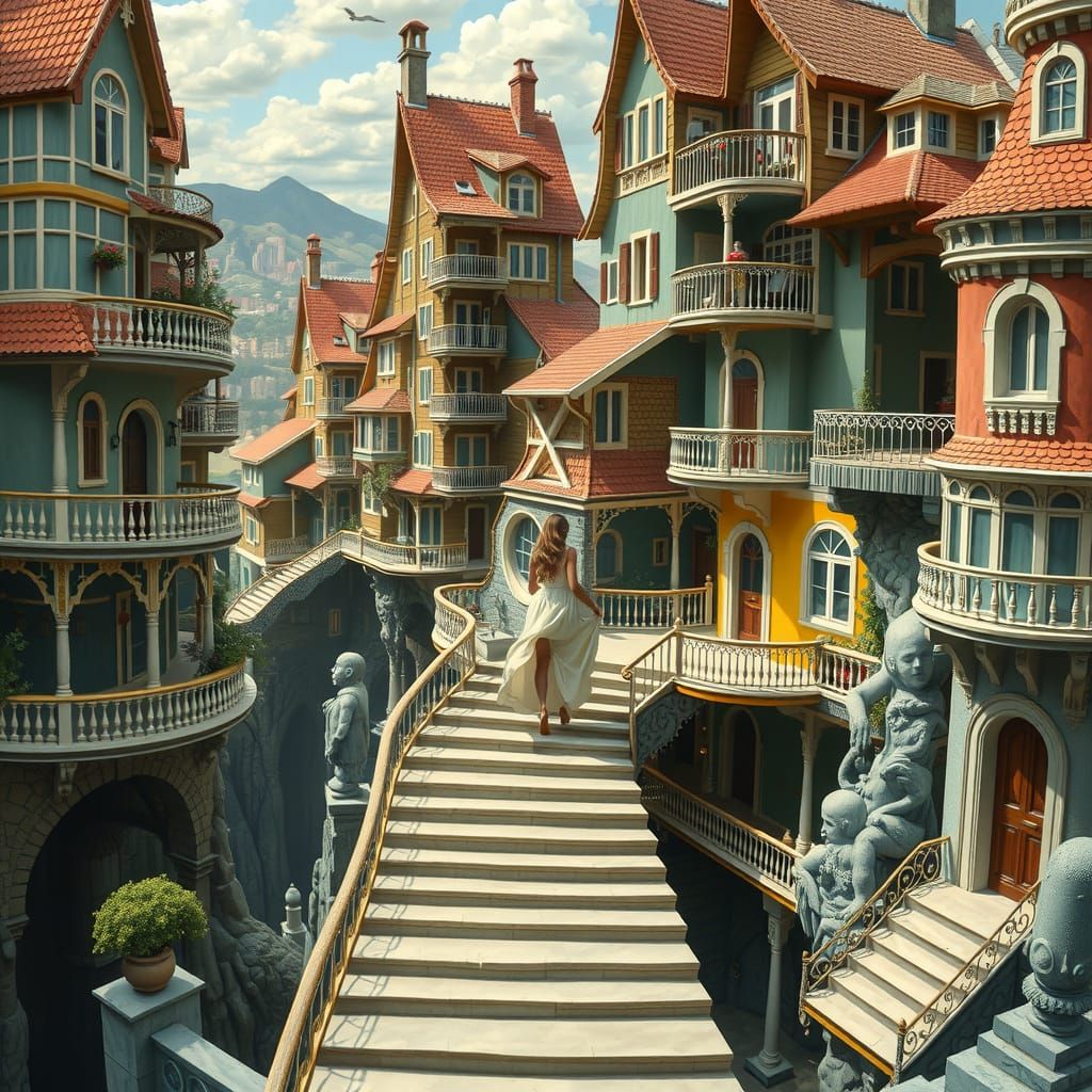 Woman on Infinite Staircase in Surrealist Dreamscape