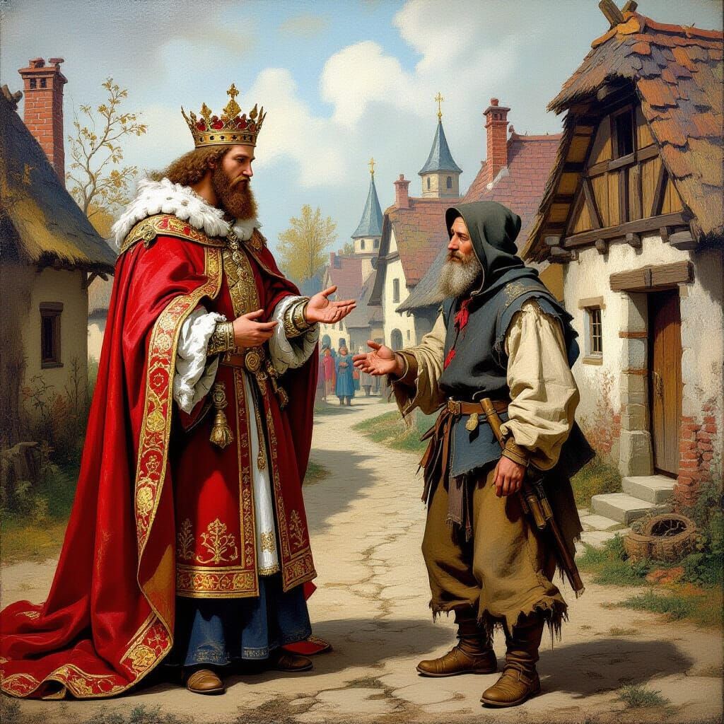 Medieval King Meets Peasant in Rich Oil Painting