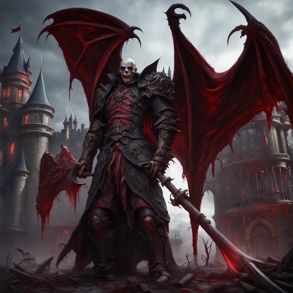 Scary Vampire Knight in Red Armor with Axe