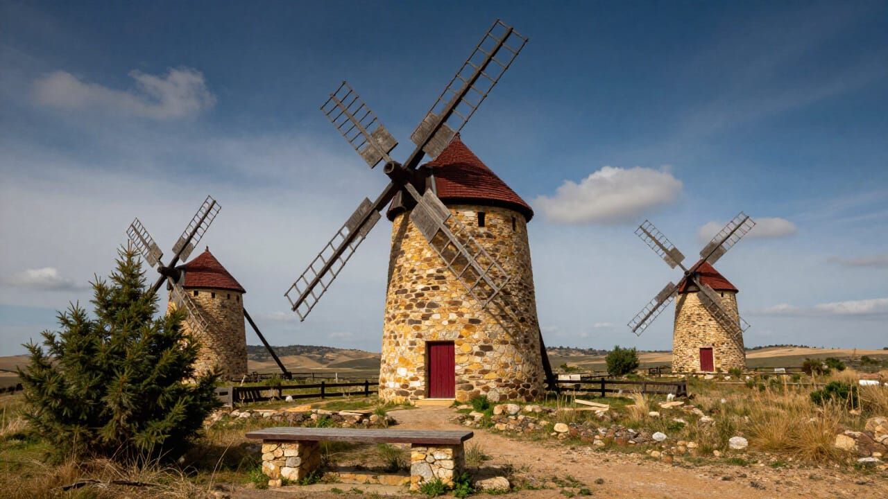 Rural Landscape with Traditional Stone Windmills