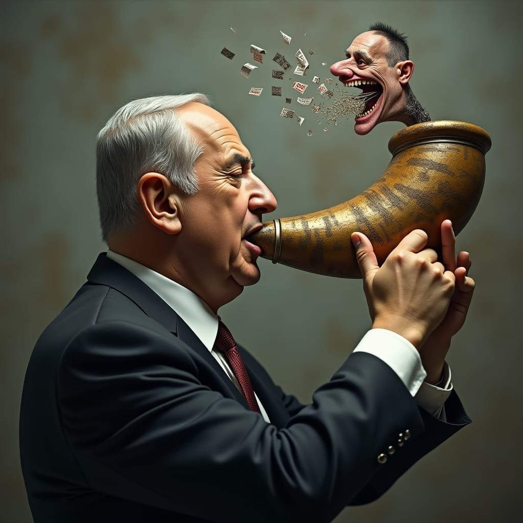 Netanyahu Blows Propaganda Shofar, Cinematic Rendering