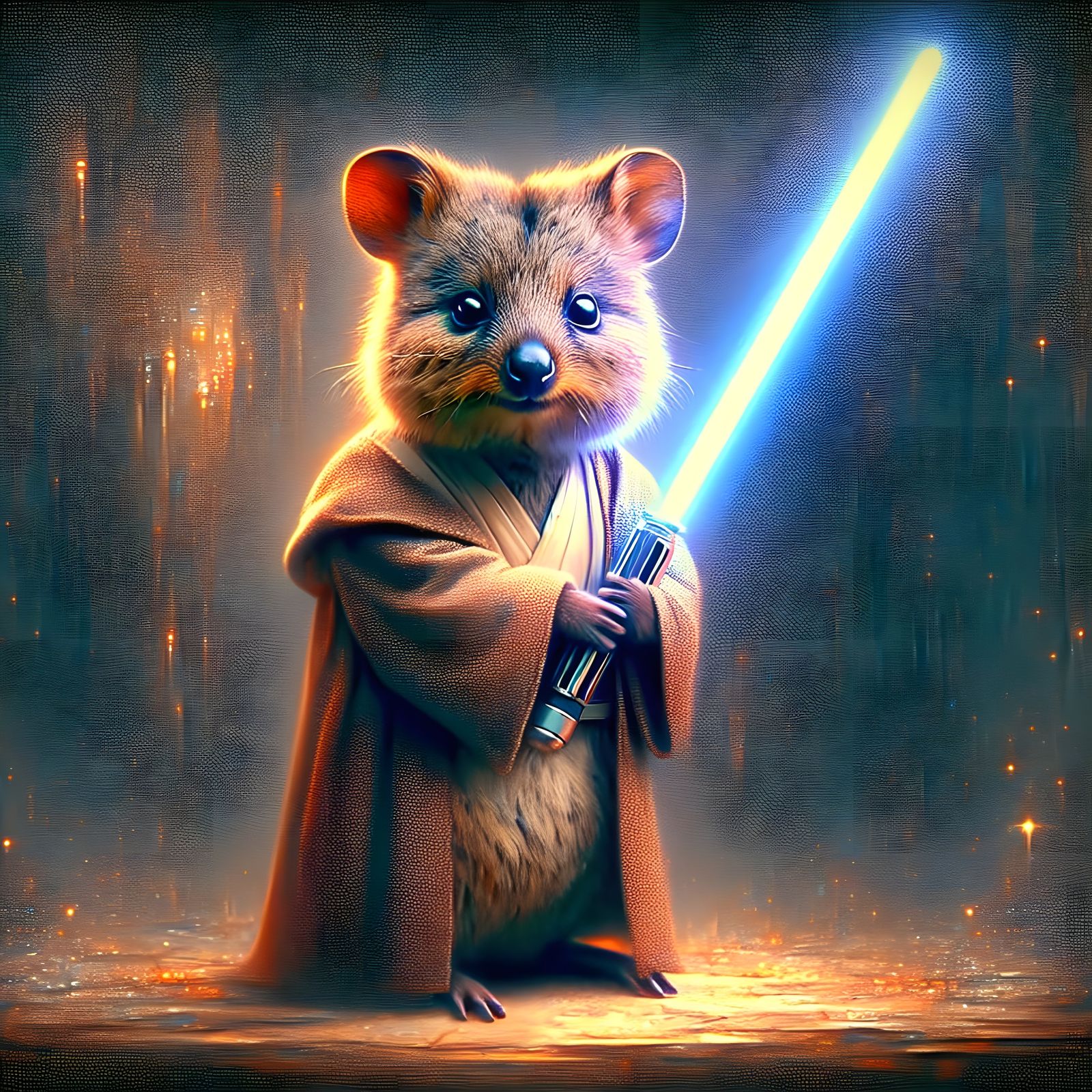 Adorable Quokka Jedi Master in Moody Film-Grain Fantasy Art