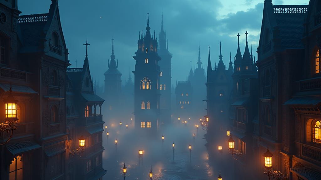 Mystical Victorian Cityscape at Dusk in 8k
