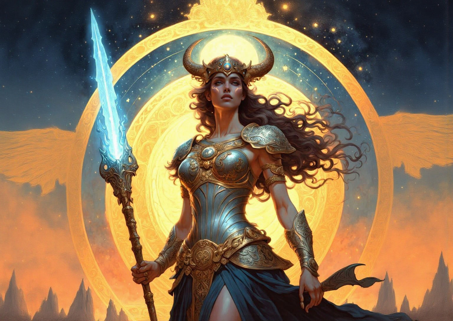 Valkyrie Warrior on Battlefield in Art Nouveau Style