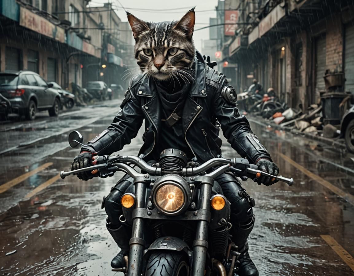 Cyborg Cat Assassin on Motorcycle in Sci-Fi Rain