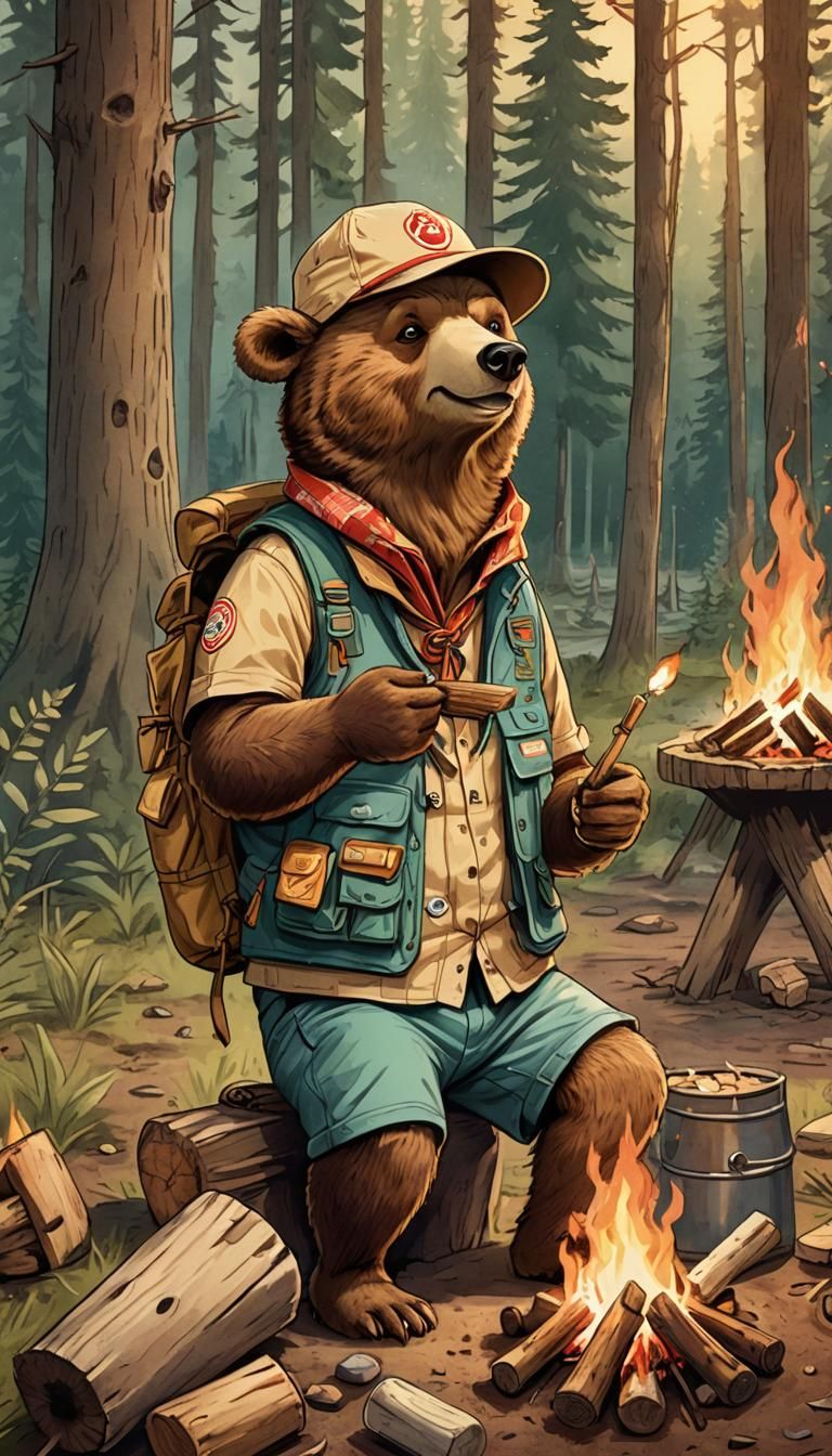 a quirky, funny and eccentric bear wearing a Boy Scout hat and a too-small camping vest sits by a campfire in a clearing...