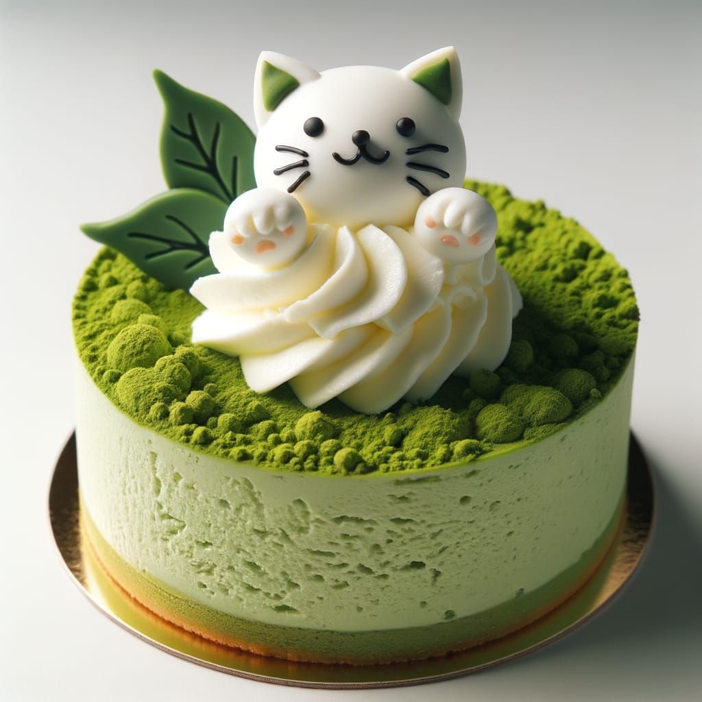 Japanese Matcha Cheesecake with Playful Cat Decoration