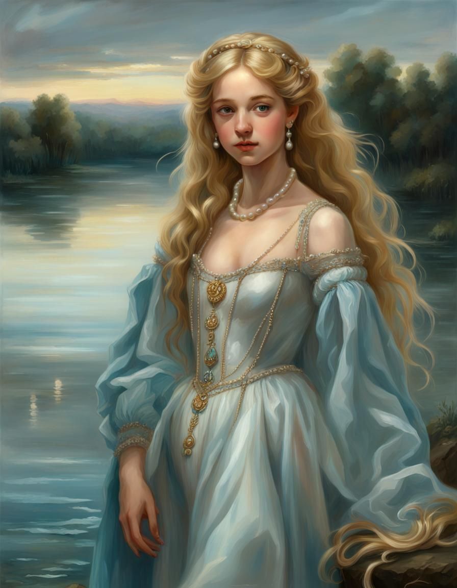 Renaissance Girl with Pearl Embroidery by Lake