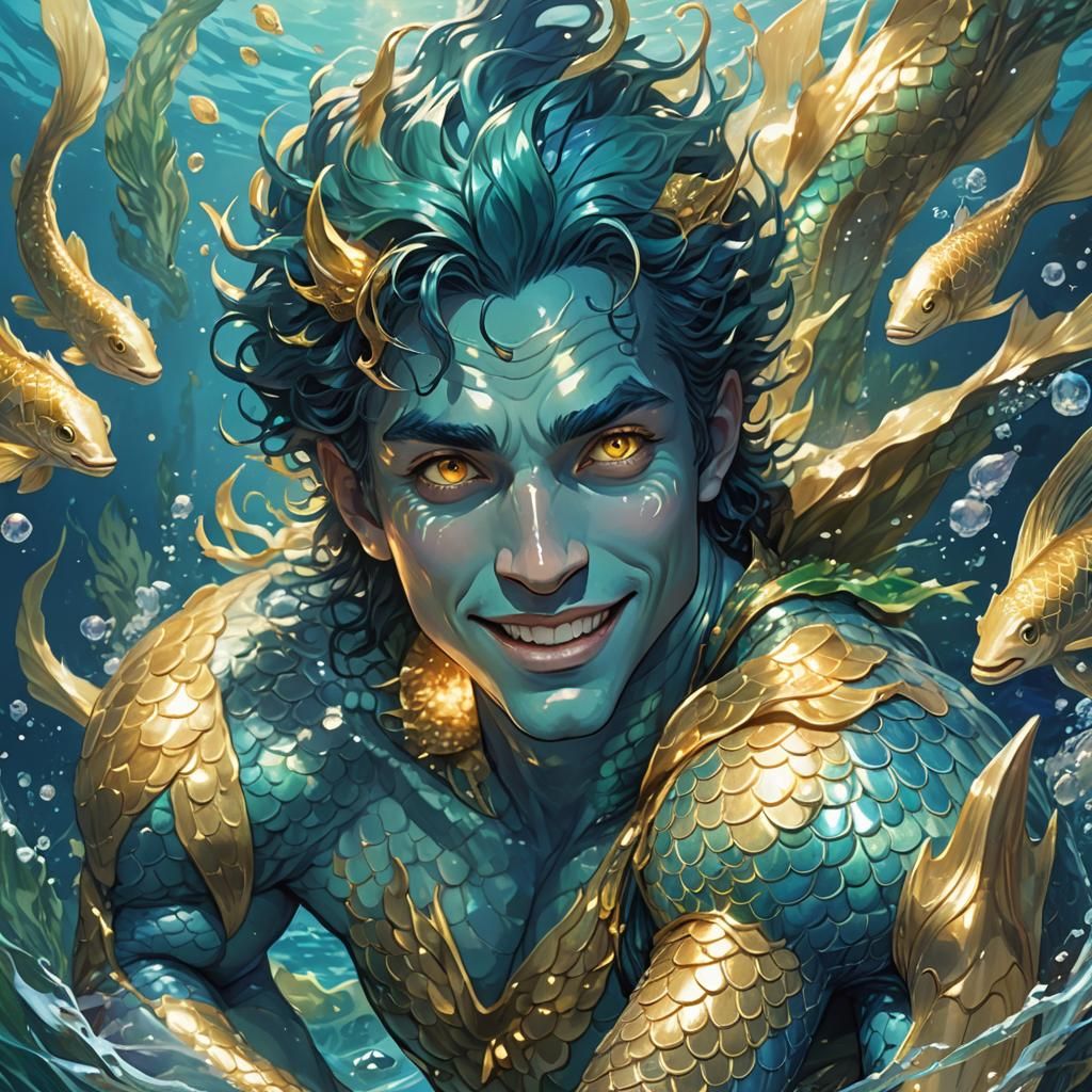 Blue-Skinned Merman in Ocean, Manga Watercolor Aesthetic