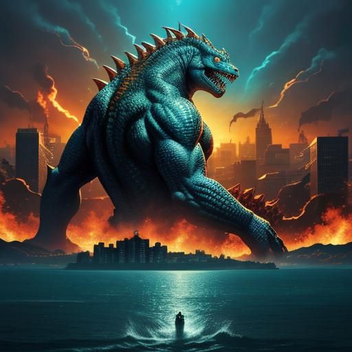 Giant Reptile Roars in Burning City: Comic Book Art