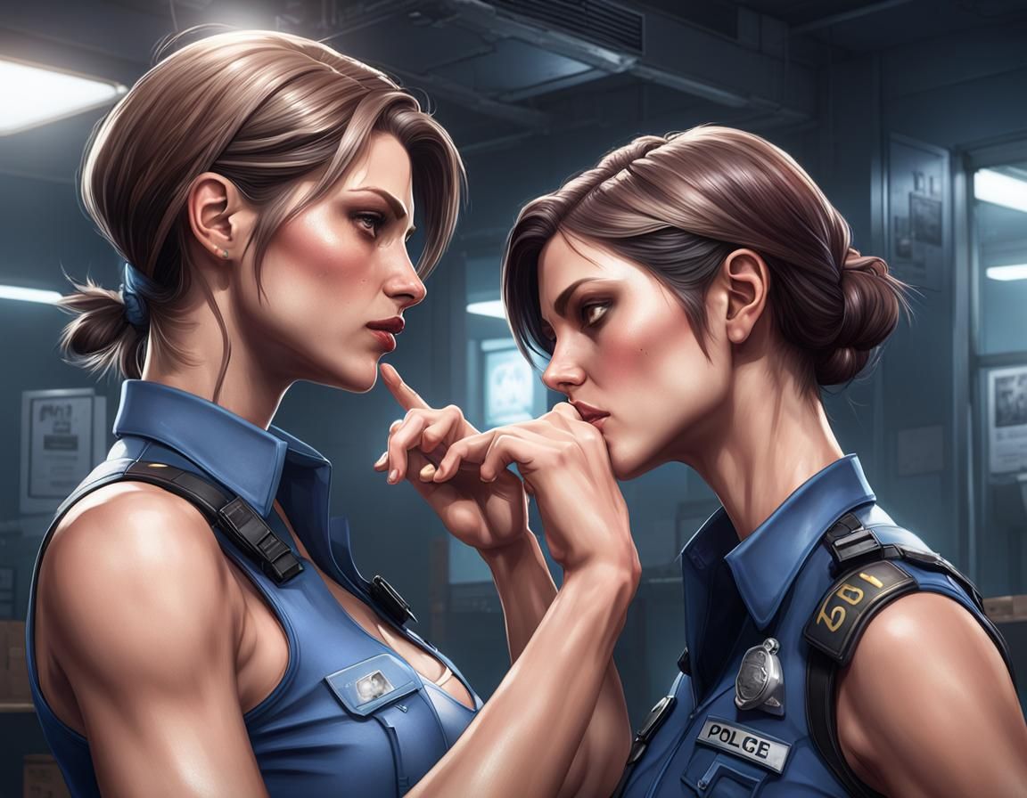 Two Women Kissing in Dark Police Station