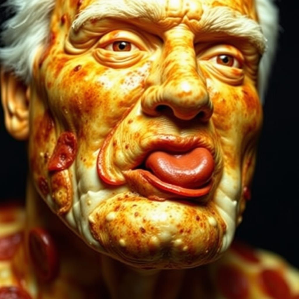 A mans made entirely of pizza. He licks his pepperoni lips. ...