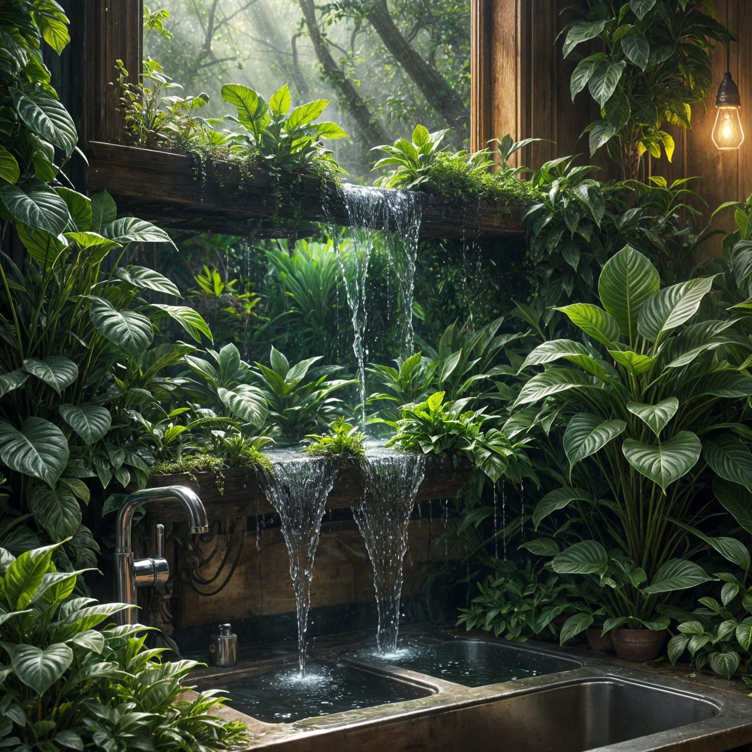 A small waterfall flowing from a kitchen sink, watering a forest of houseplants. mandelbrot