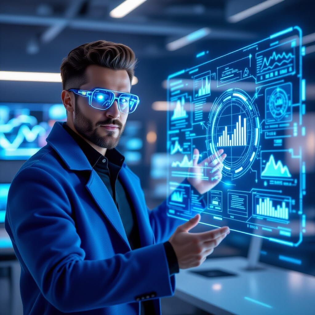 Futuristic Instructor in Blue Coat in Modern Classroom