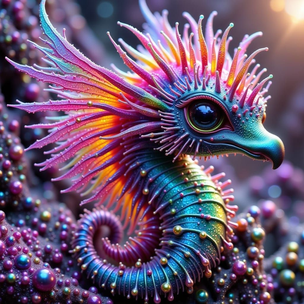 Opalescent Rainbow Seahorse with Intricate Details
