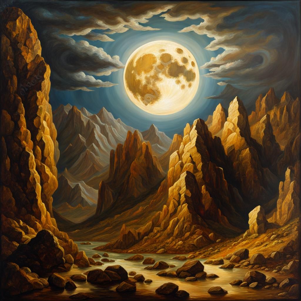Full Moon Over Rocky Landscape in Renaissance Style