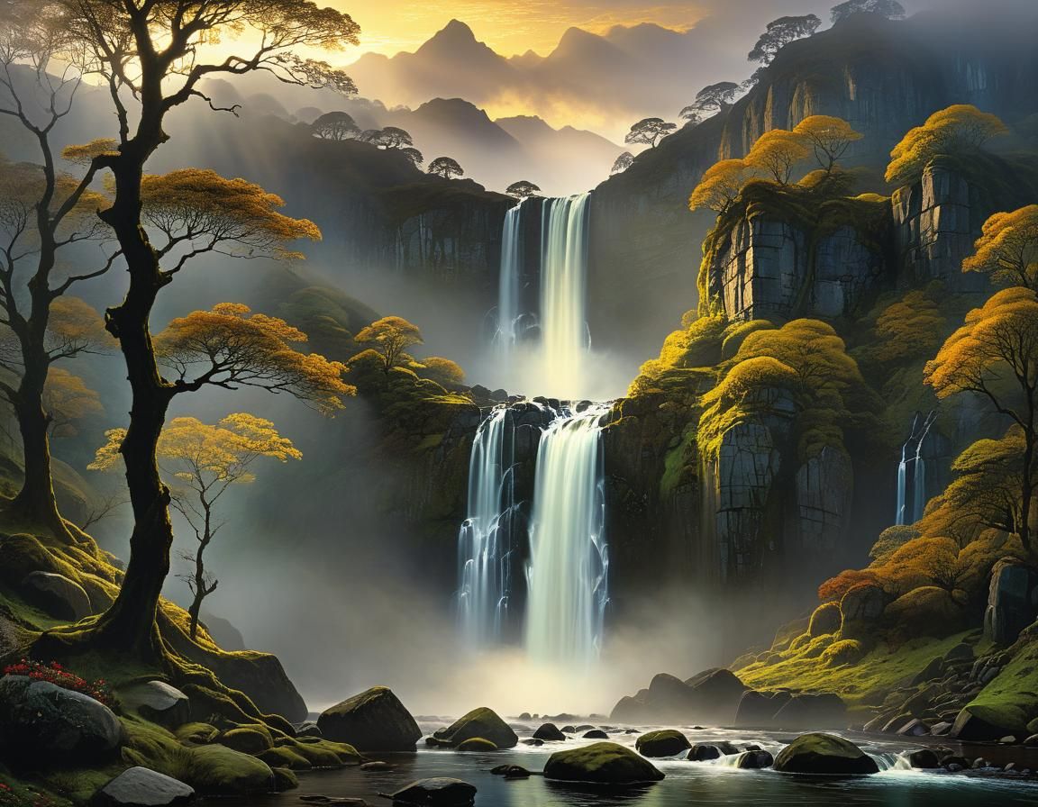 Misty Valley Waterfall at Sunrise: Detailed Landscape