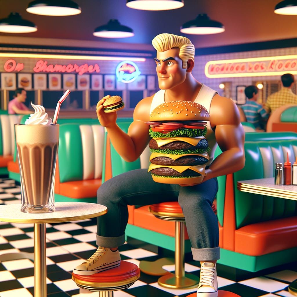 Disney Pixar style 3D handsome blonde man, muscular, eating ...