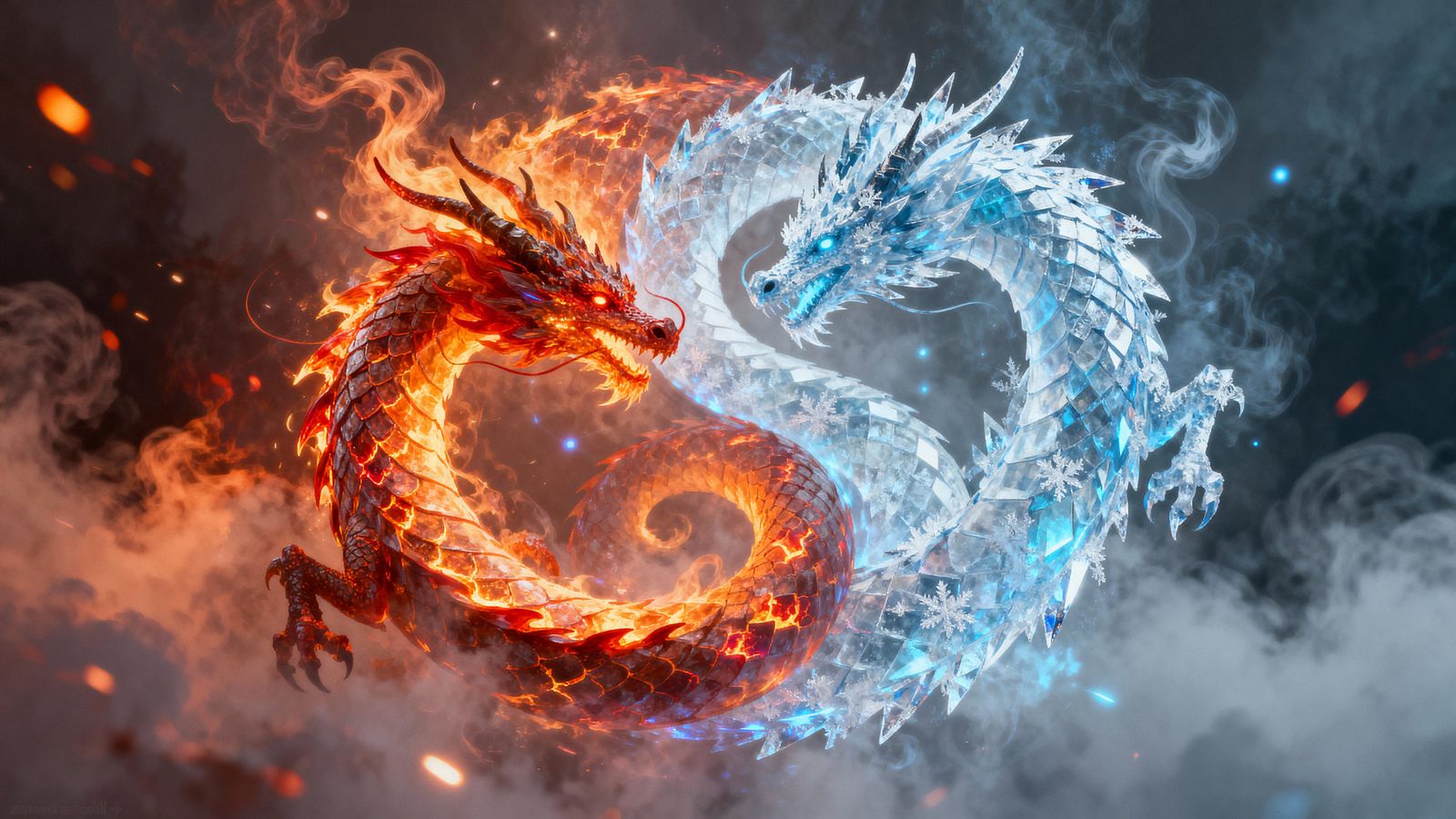Twin Fire and Ice Dragons in Yin Yang Coil