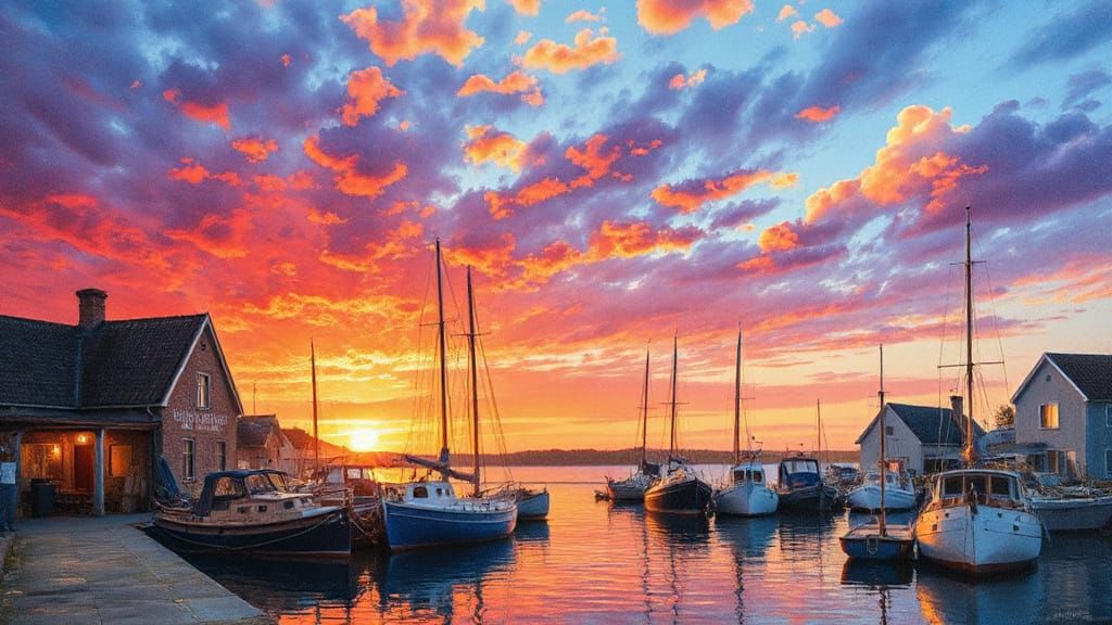 Sunset Fishing Port: Impressionist Watercolour Painting