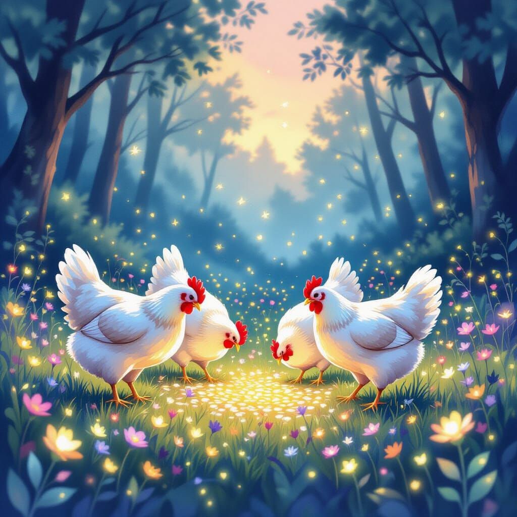 Iridescent Chickens in Enchanted Forest Clearing at Twilight