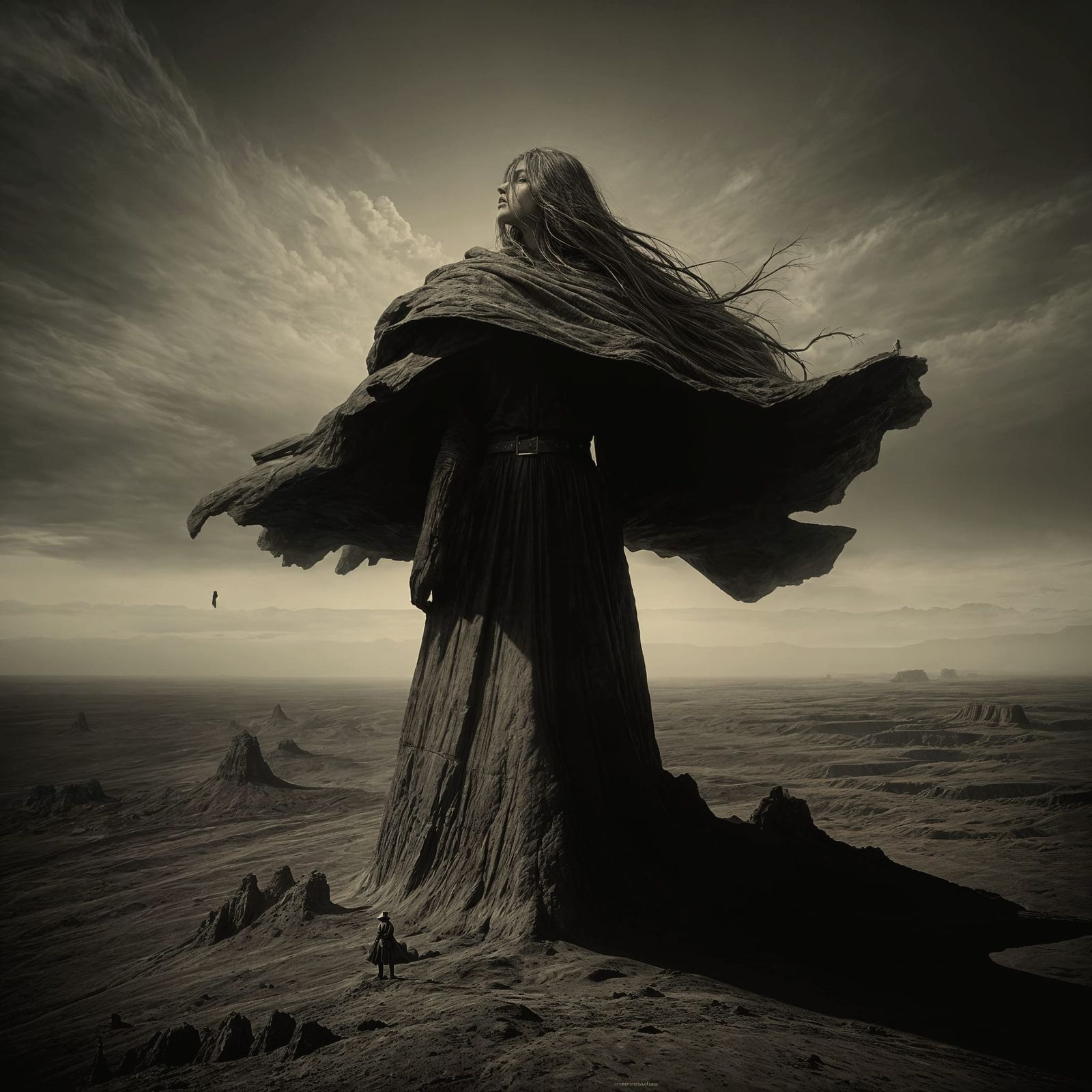 Cowgirl Faces Cosmic Sky on Desolate Plain