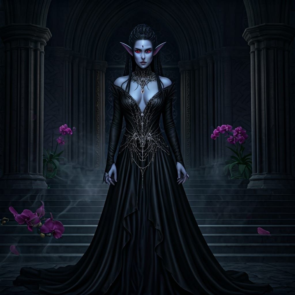 Elegant Dark Elf Noblewoman in Gothic Fantasy Court Style